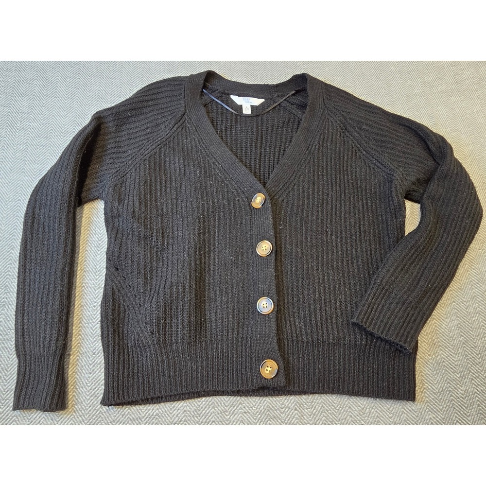 Time and Tru Cardigan Sweater Womens Small Black Ribbed Knit V-Neck Button Front